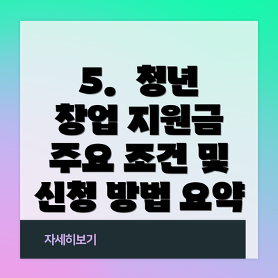 5.  청년 창업 지원금 주요 조건 및 신청 방법 요약